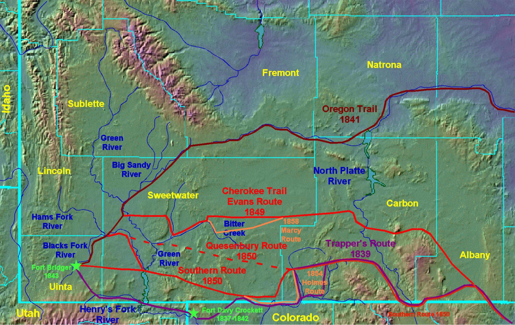 Figure 5: Cherokee Trail variants. The 1850 Quesenbury Route was a one-off pack trail which saw little or no subsequent traffic and has not been relocated. The 1850 Southern Route overlaps or closely parallels the 1830s fur trappers route through present Carbon County. Western Archaeological Services.