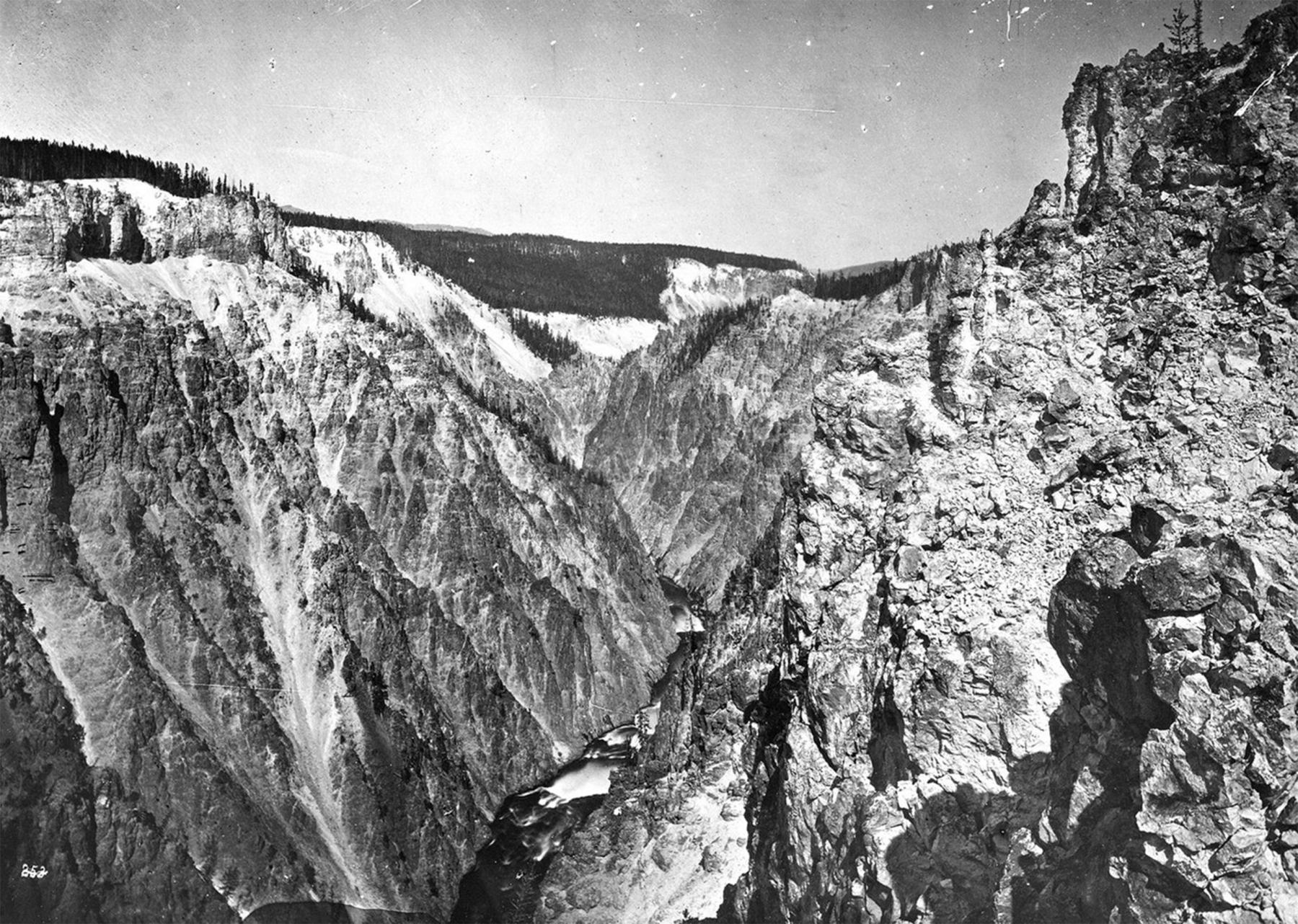 The Hayden Expedition stopped for several days at the Grand Canyon of the Yellowstone, where Thomas Moran and William Henry Jackson spent time sketching and photographing. This Jackson photo looks down river from the east side of the canyon, a mile below the lower falls. William Henry Jackson, 1871, U.S. Geological and Geographical Survey of the Territories (Hayden Survey). Wikipedia.