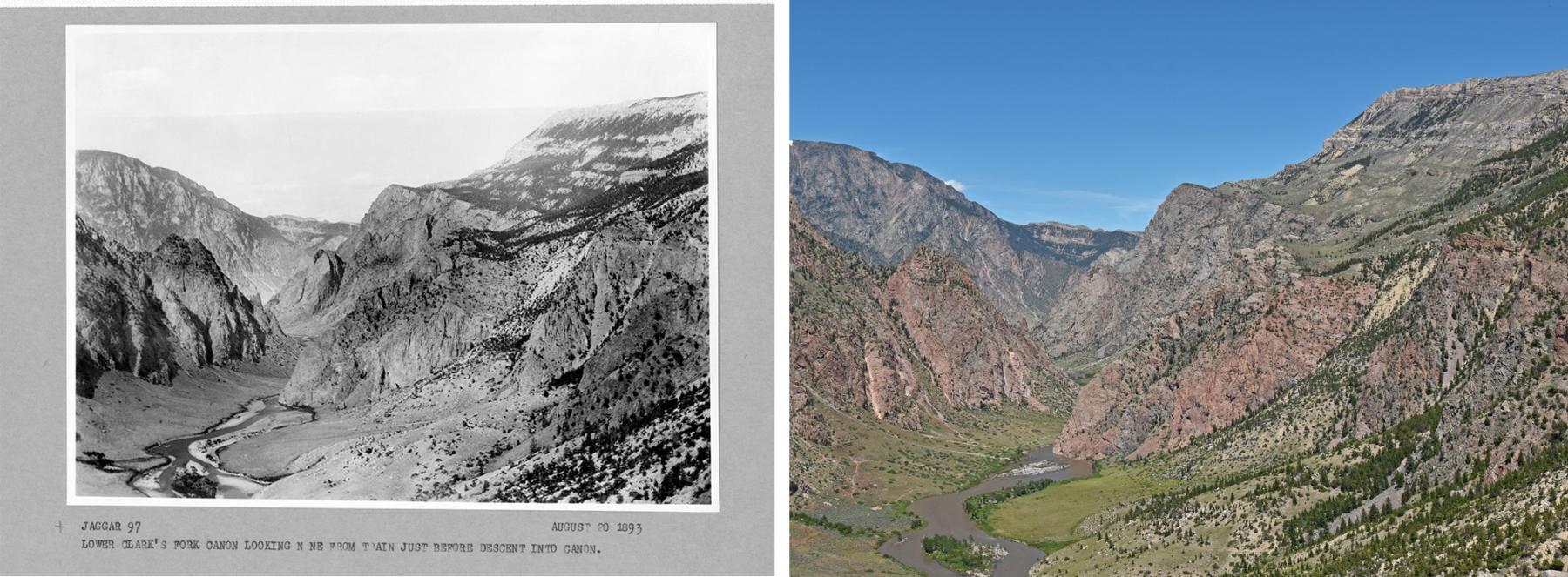 photos comparing deep valley with wide river in 1893 and 2020s