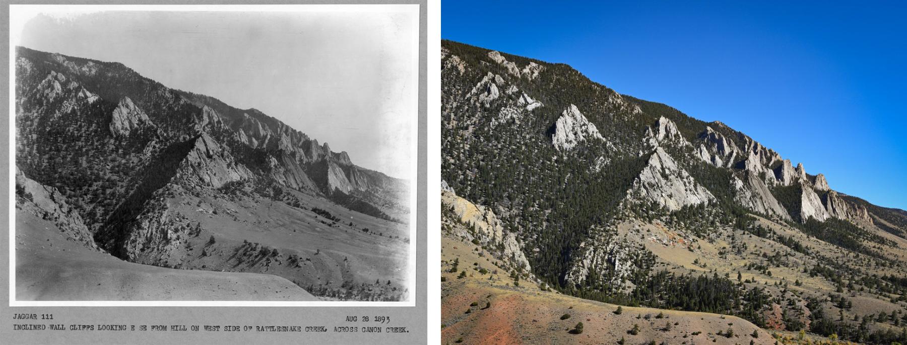 comparison of photo of inclined wall cliffs along Rattlesnake Creek in 1893 to 2020s 