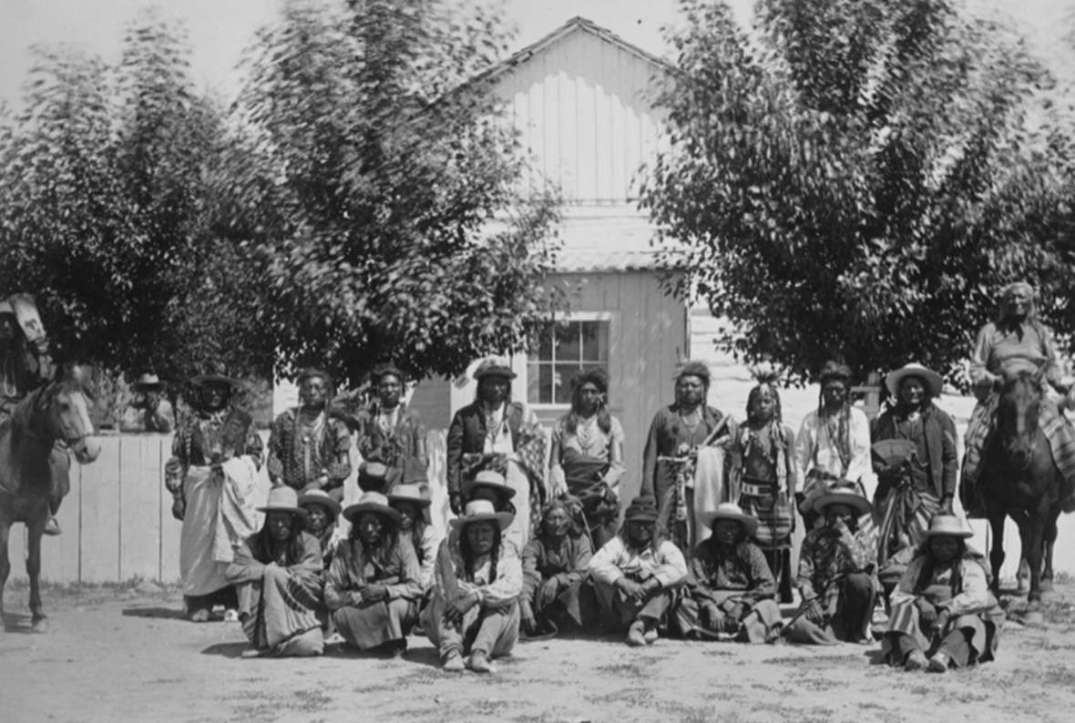 Shoshone Chief Washakie, on horseback at right, and Arapaho Chief Black Coal both made it clear to President Arthur that they were not interested dividing up tribal lands among individual owners. Here, Washakie and a group of Shoshones pose for F. Jay Haynes, photographer for the Arthur expedition, 1883. Library of Congress.