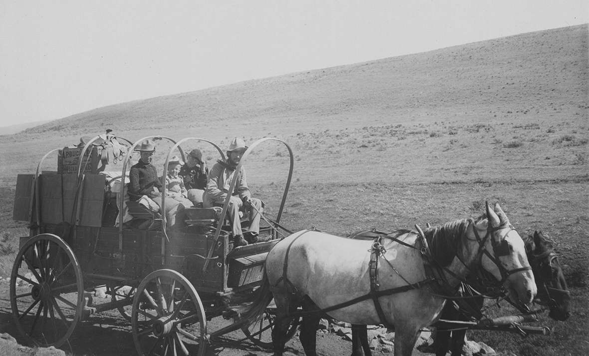 Members of Aven Nelson’s plant-gathering expedition to Yellowstone in 1899. Most likely these people are, left to right, Nelson’s wife Celia Alice 'Allie' Nelson, daughters Helen and Neva, and student Leslie Goodding, who later became a botanist as well. American Heritage Center. 