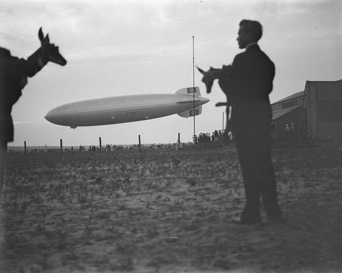 In 1936, two of Belden’s captured pronghorn fawns were transported to Nazi Germany on the well-known blimp, the Hindenburg. But this is a composite—Belden manipulated the silhouettes into the photo in the darkroom. American Heritage Center.
