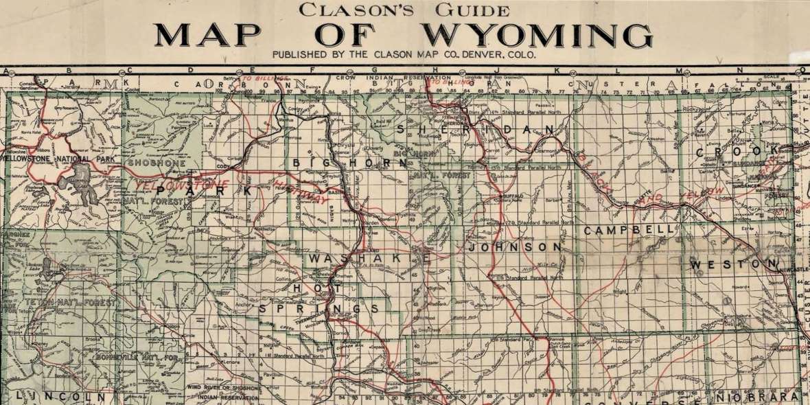 The north portion of Clason’s 1916 map of Wyoming depicts the Black and Yellow Trail and the Yellowstone Highway in red, reflecting the routes as they were laid out by that year. Both routes would evolve over time, but the original vision is clear—Yellowstone National Park could finally open its East Entrance to auto tourists. Wyoming State Archives. Click to enlarge.