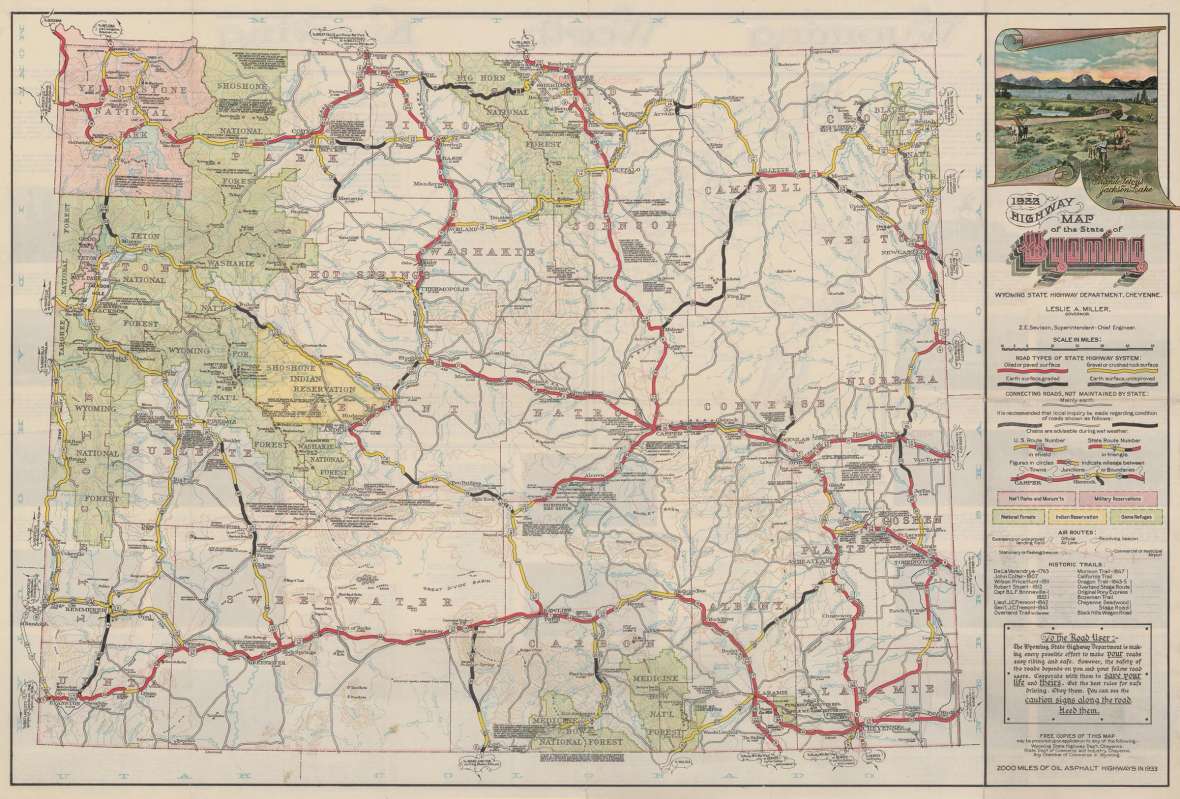 By 1932, the official Wyoming highway map clearly shows the Black and Yellow Trail, now labeled with U.S. and State route numbers, joining the Yellowstone Highway at Worland in Washakie County and continuing north and west to Yellowstone National Park. Wyoming State Archives. Click to enlarge.