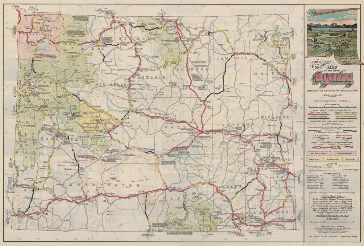 By 1932, the official Wyoming highway map clearly shows the Black and Yellow Trail, now labeled with U.S. and State route numbers, joining the Yellowstone Highway at Worland in Washakie County and continuing north and west to Yellowstone National Park.  Wyoming State Archives. Click to enlarge.