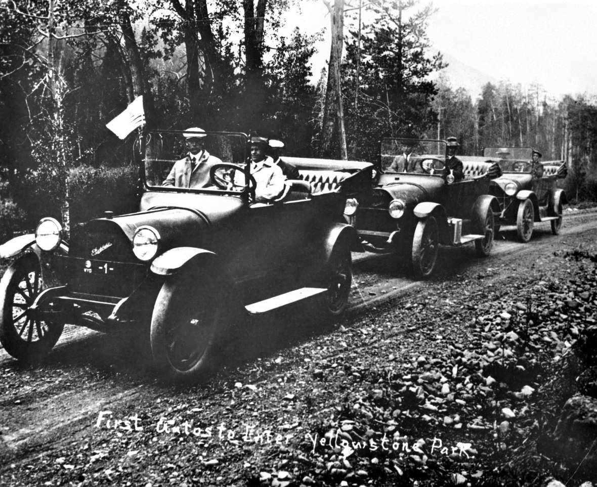 In spite of some reluctance on the part of Yellowstone personnel, the park opened its East Entrance to automobiles in 1916. This decision spurred the construction and improvement of roads that led to Yellowstone, such as the Black and Yellow Trail and the Yellowstone Highway; in turn the Park experienced an increase in tourism. Wyoming State Archives .