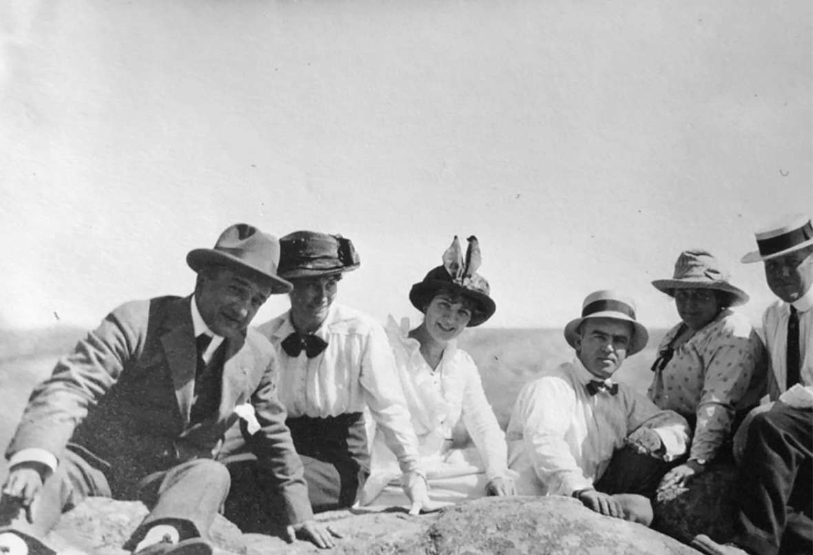 Henri Lebreton, left, and Wyoming friends Mrs. Clarkson, Mrs. Beal, D. W. Waltman, Mrs. Waltman, and John Beal, June 1914 near Pathfinder Dam. Courtesy Philippe Boucher.
