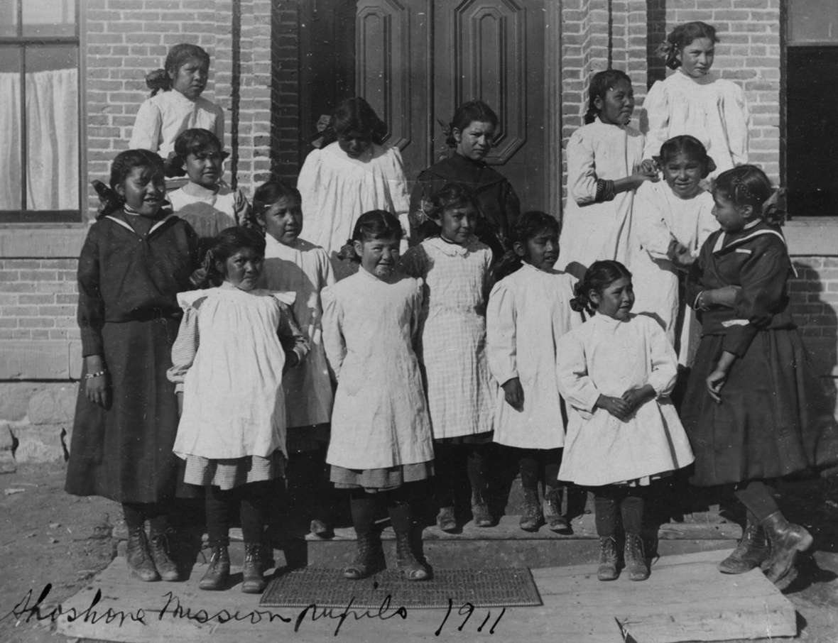 Shoshone girls at the Episcopalian mission school near Fort Washakie, 1911. Dr. Roberts’ school for girls closed in 1949. American Heritage Center.