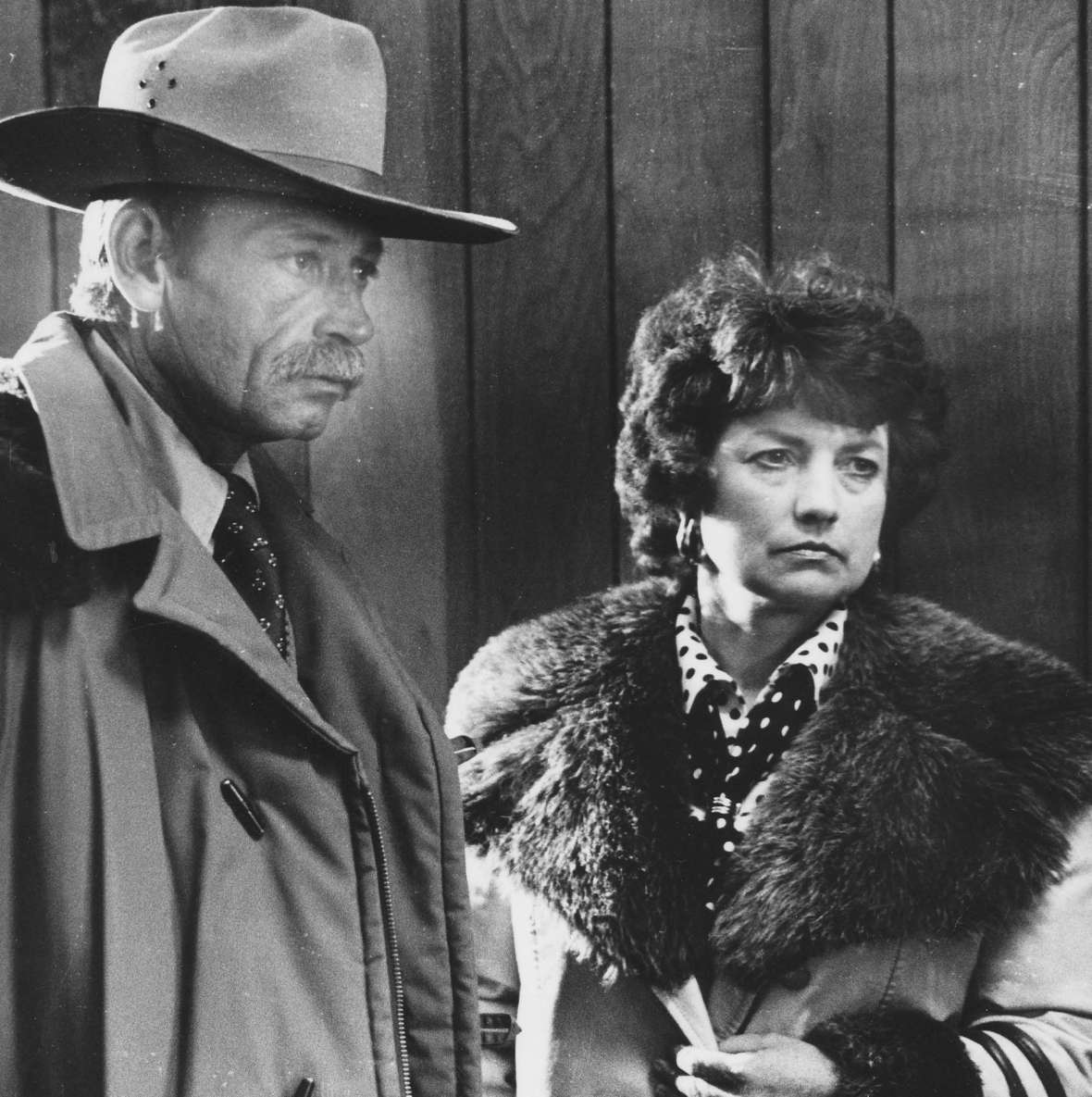 Rock Springs Public Safety Director Ed Cantrell, shown here with his wife, Norma, after a court appearance. Cantrell came to Wyoming from Indiana in 1958 and joined the Wyoming Highway Patrol in 1960. He was stationed first in Rock Springs for seven years, and Cody for four more. Sweetwater County Historical Museum.