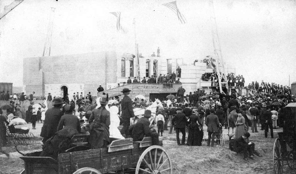 Large crowds turned out May 18, 1887 at the site of the new Capitol of Wyoming Territory for the laying of the cornerstone( above) and the free barbecue (below) . Wyoming State Archives.