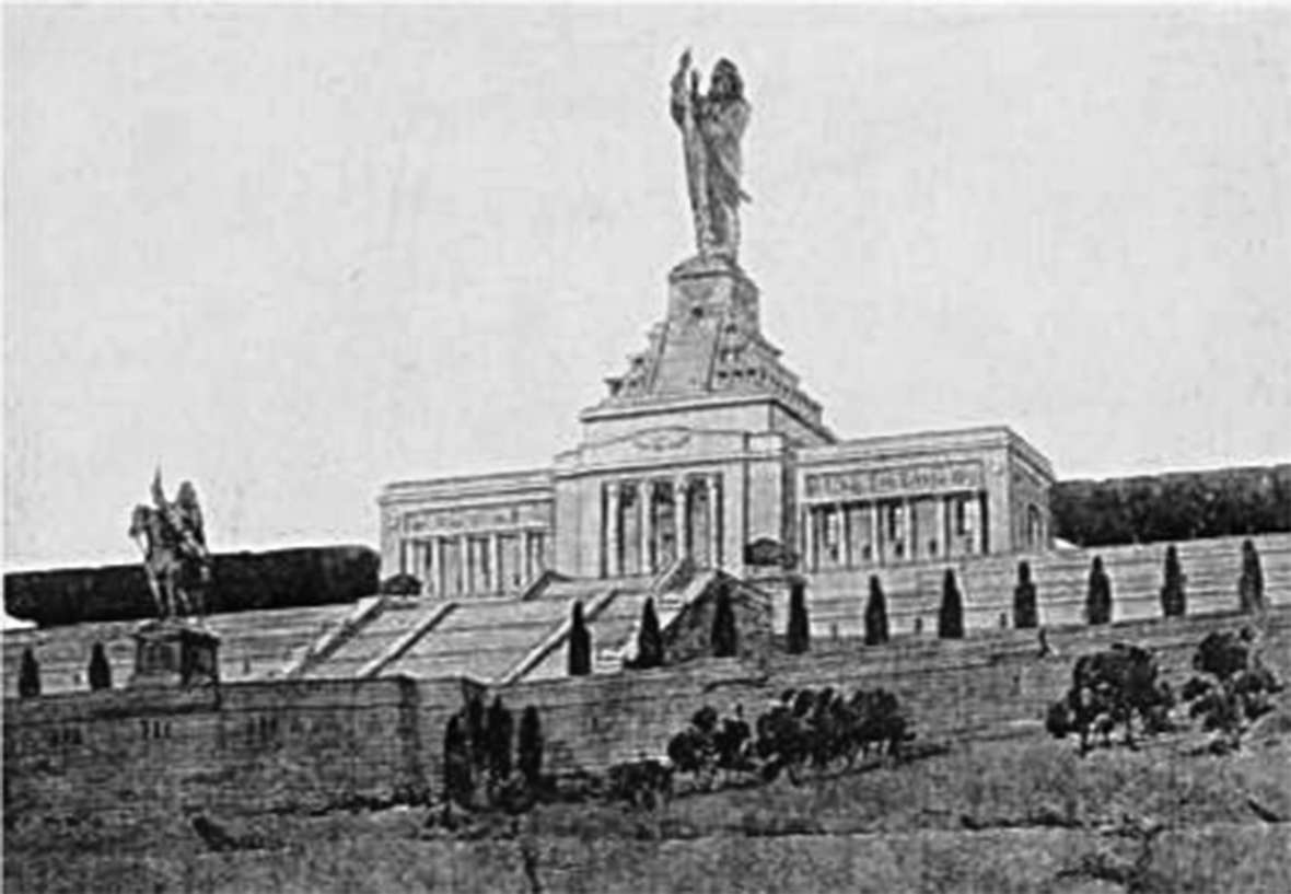 The proposed National American Indian Memorial, shown here in a sketch, was to be higher than the Statue of Liberty. But it was never built. Wikipedia. 