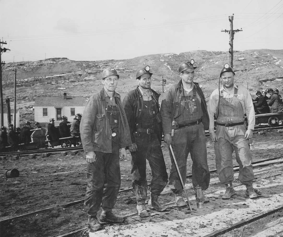 Coal miners head for work, Reliance, Wyo., 1950. Nearly all these men would have been laid off a few years later. Sweetwater County Historical Museum.