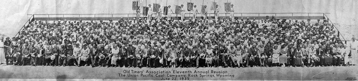 Union Pacific 40-year men—railroaders and coal miners—and their wives at the U.P.’s annual Old Timers’ reunion, 1935. The railroad employed a huge labor force along its corridor across southern Wyoming. Sweetwater County Historical Museum.