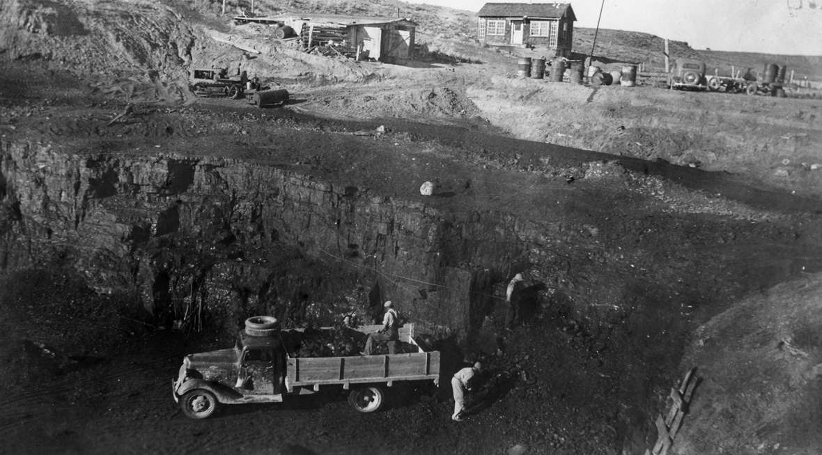The East Antelope Coal Mine, shown here around 1950, supplied coal to schools, homes, and businesses in Gillette, Douglas and Newcastle decades before larger surface mines were dug in the Powder River Basin in the 1970s. Mining began with horses and scrapers and eventually used bulldozers, trucks and loaders. Rockpile Museum.