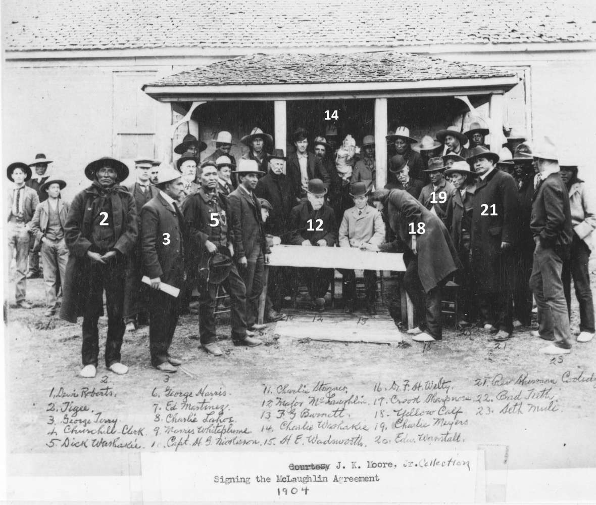 The signing of the McLaughlin Agreement at Fort Washakie, 1904. Among those identified are Tigee (2), an important Shoshone leader; George Terry (3); Dick Washakie (5), the son of Chief Washakie; Charlie Washakie (14), another son of Chief Washakie; James McLaughlin of the Indian Bureau (12); Yellow Calf (18), a prominent Arapaho, signing the document; Charlie Meyers (19); and the Rev. Sherman Coolidge (21), an Arapaho and an Episcopal priest active on the reservation. Three years later, in 1907, Charlie Meyers was identified as one of four suspects in George Terry’s murder. The crime remains unsolved. American Heritage Center via Sweetwater County Historical Museum.