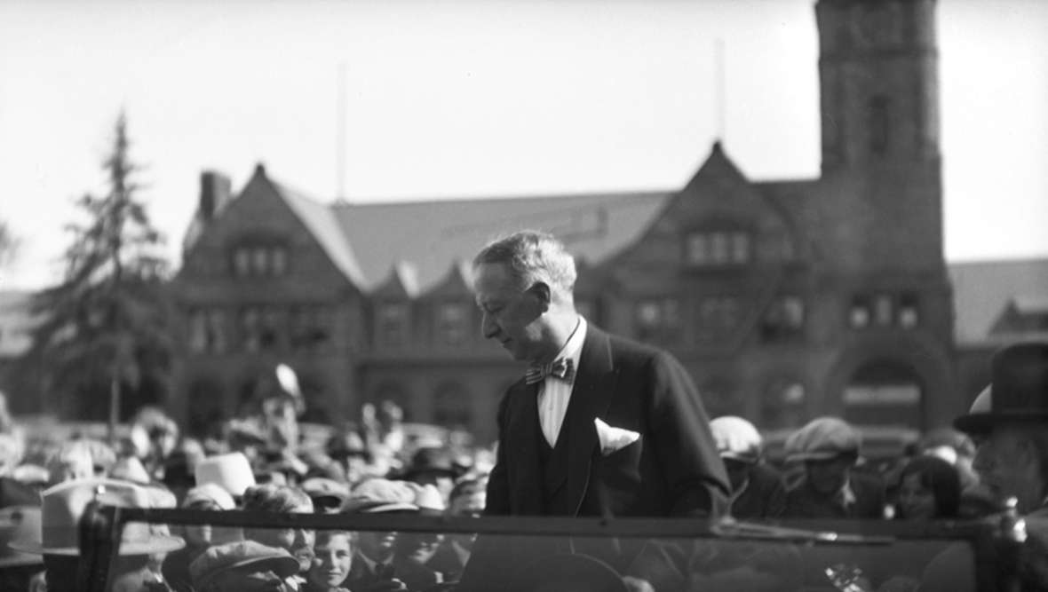 Democratic Presidential candidate Al Smith speaks at the Union Pacific depot in Cheyenne, 1928. He opposed Prohibition and lost in a landslide. Wyoming State Archives.