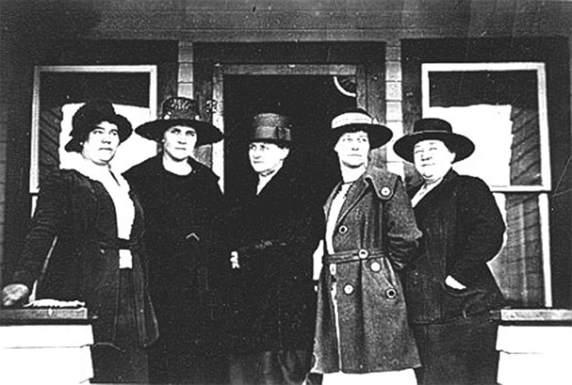 Jackson Town Council, 1921. Left to right, Mae Deloney, Rose Crabtree, Mayor Grace Miller, Faustina Haight, Genevieve Van Vleck. Wyoming Tales and Trails.