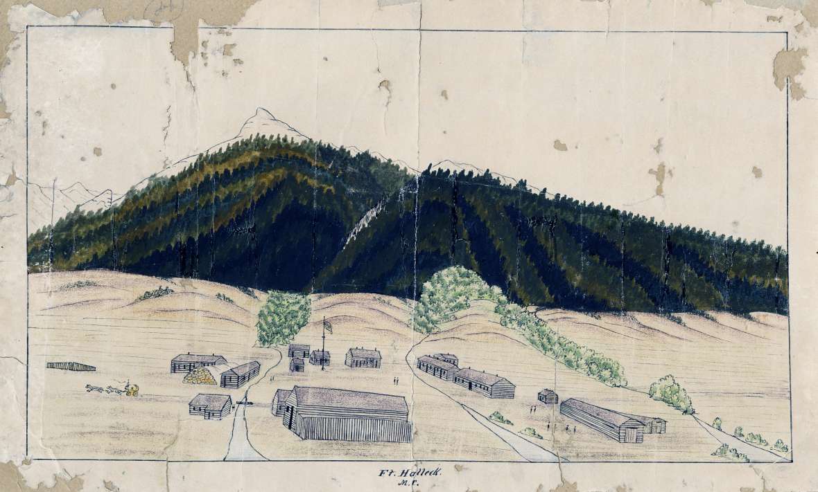 Fort Halleck, shown here in a drawing by Bugler C. Moellman, lay on the Overland Trail at the north end of Elk Mountain. 'Three clear streams run through the garrison', Caspar Collins wrote his mother in Ohio in 1862. American Heritage Center.