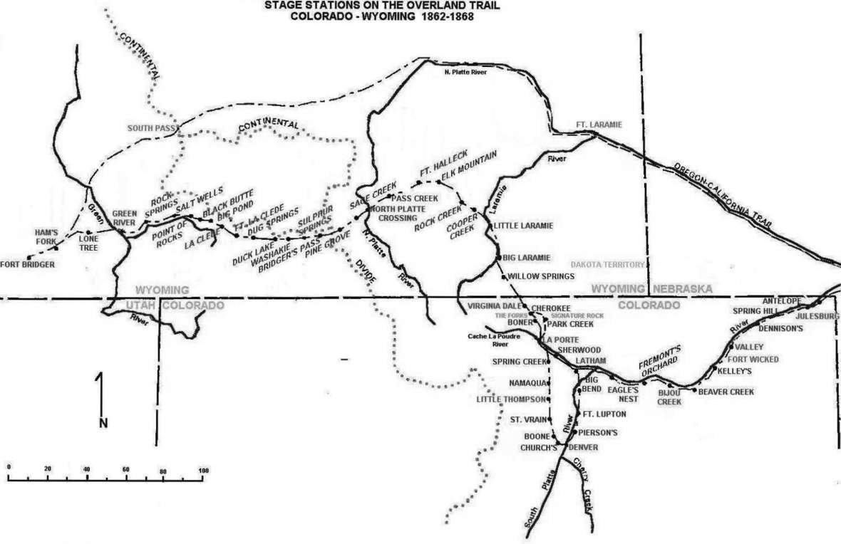 Stagecoach King Ben Holladay built 17 stage and horse-changing stations and began running daily passenger and mail coaches along the Overland Trail in 1862. The Army built Fort Halleck to protect the route. U.S. Forest Service. 