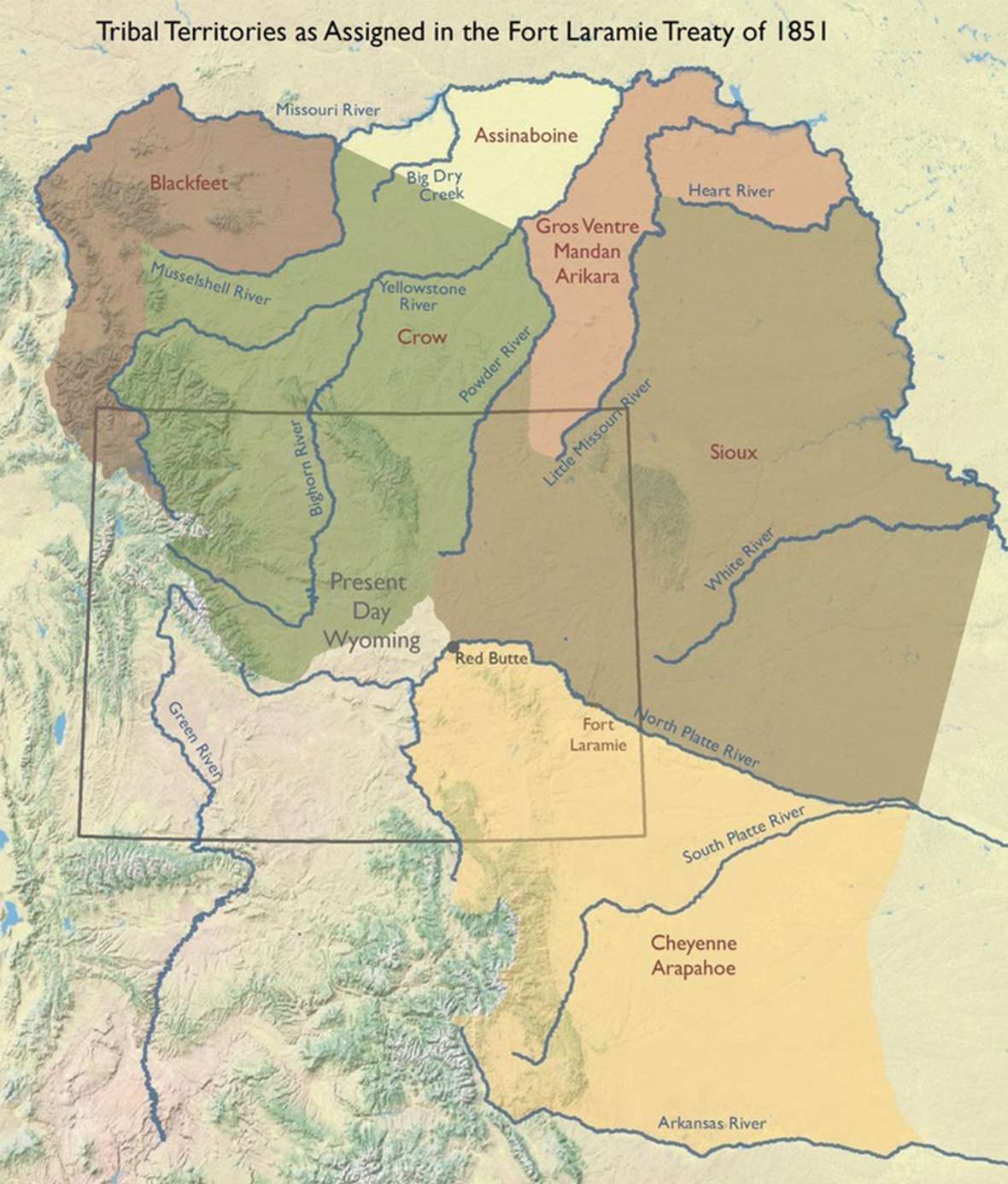 The 1851 Fort Laramie Treaty was the first to assign separate lands to the tribes of the Northern Plains. Map by WyGISC, University of Wyoming.