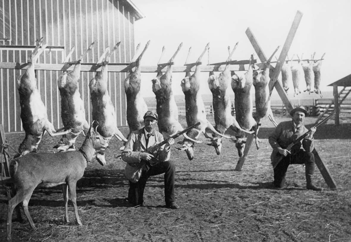 Wyoming Territory and, in its early years, the state of Wyoming enacted a series of laws that did little to curb the wanton killing of game. Here, a pair of hunters pose with their take—and a living pet—around 1900. J.E. Stimson photo, Wyoming State Archives.