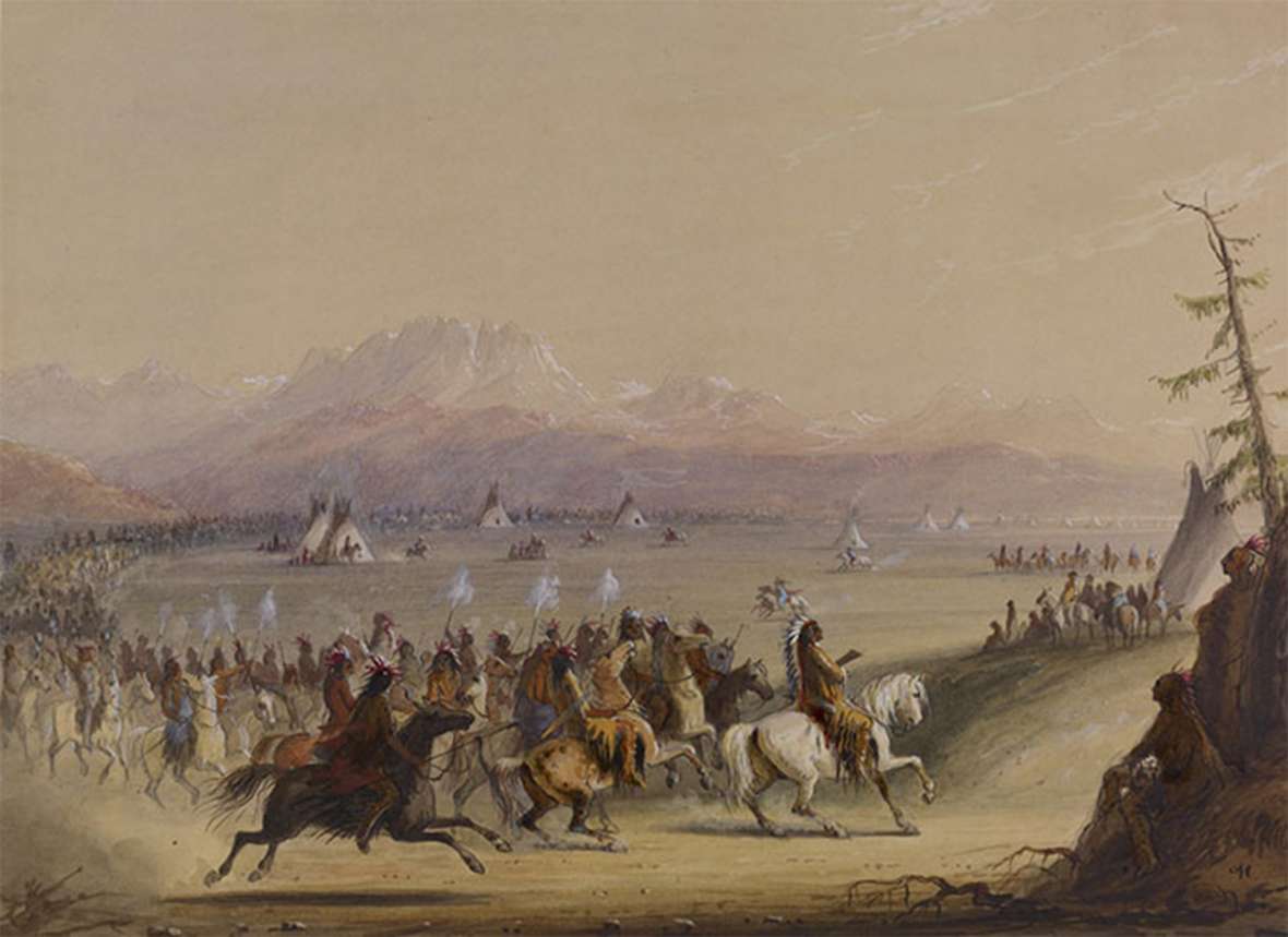 Alfred Jacob Miller’s many pictures of indigenous people in the 1830s included this of Shoshone warriors at a fur-trade rendezvous in the Green River Valley. Not far away, in 1812, eastbound Astorian Robert Stuart stumbled on the remains of a Crow ceremonial lodge on his way to crossing South Pass with the first party of whites to do so. Walter Art Museum.
