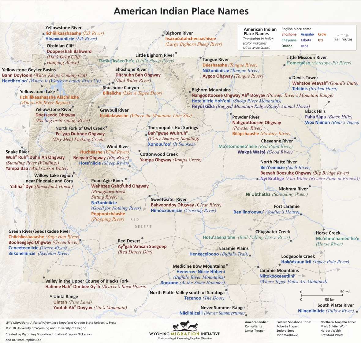 Euro-American place names came late to Wyoming. Already there was a network of names given to places by the various tribes who lived here. Research by Gregory Nickerson. Cartography by University of Oregon Infographics Lab. Click to enlarge