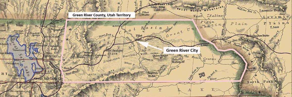 Green River County, Utah Territory, stretched from the Wasatch Range east to the Continental Divide and included large parts of what are now Uinta, Lincoln and Sweetwater counties in Wyoming. Green River Station lay where the Oregon/Mormon/California Trail crossed the Green River. Green River City later grew up 30 miles to the southeast, where the Overland Trail—the main stage route after 1862—crossed the Green River. Map prepared by author. Click to enlarge