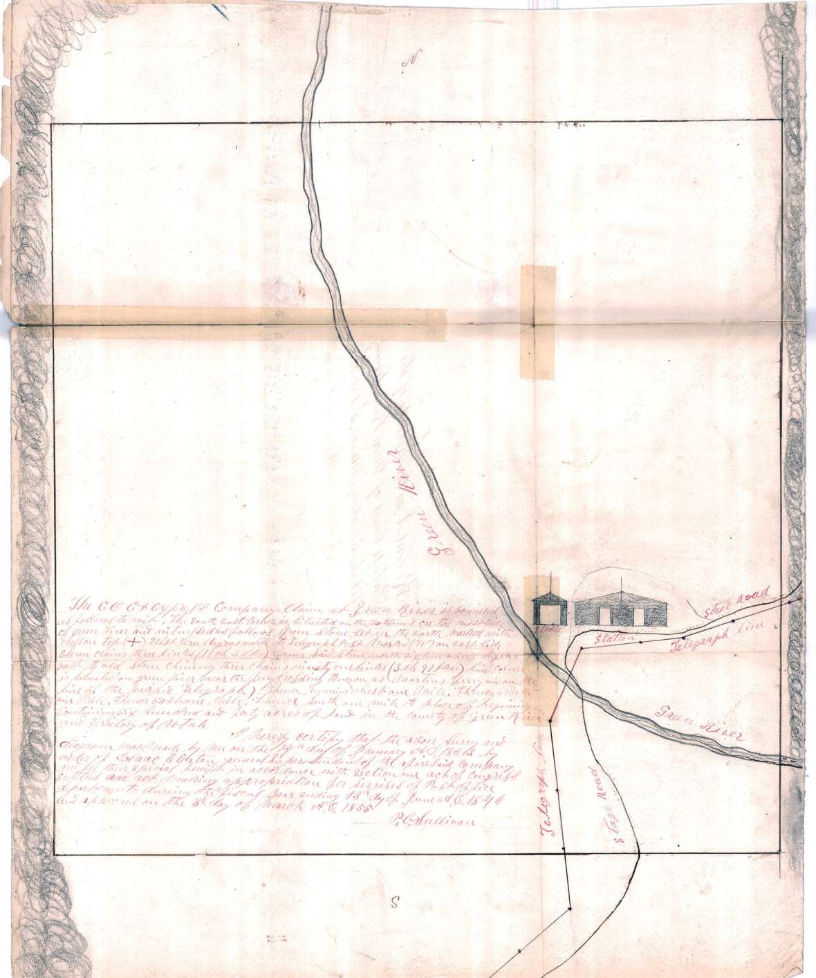 Shown here are notes and a sketch from an 1862 survey of the Central Overland California company’s claim to a square mile of land at Green River Station, prepared by a surveyor named Sullivan. See “Illustrations” at the end of the article for a transcription of the survey notes and more on the source. Wyoming State Archives. Click to enlarge