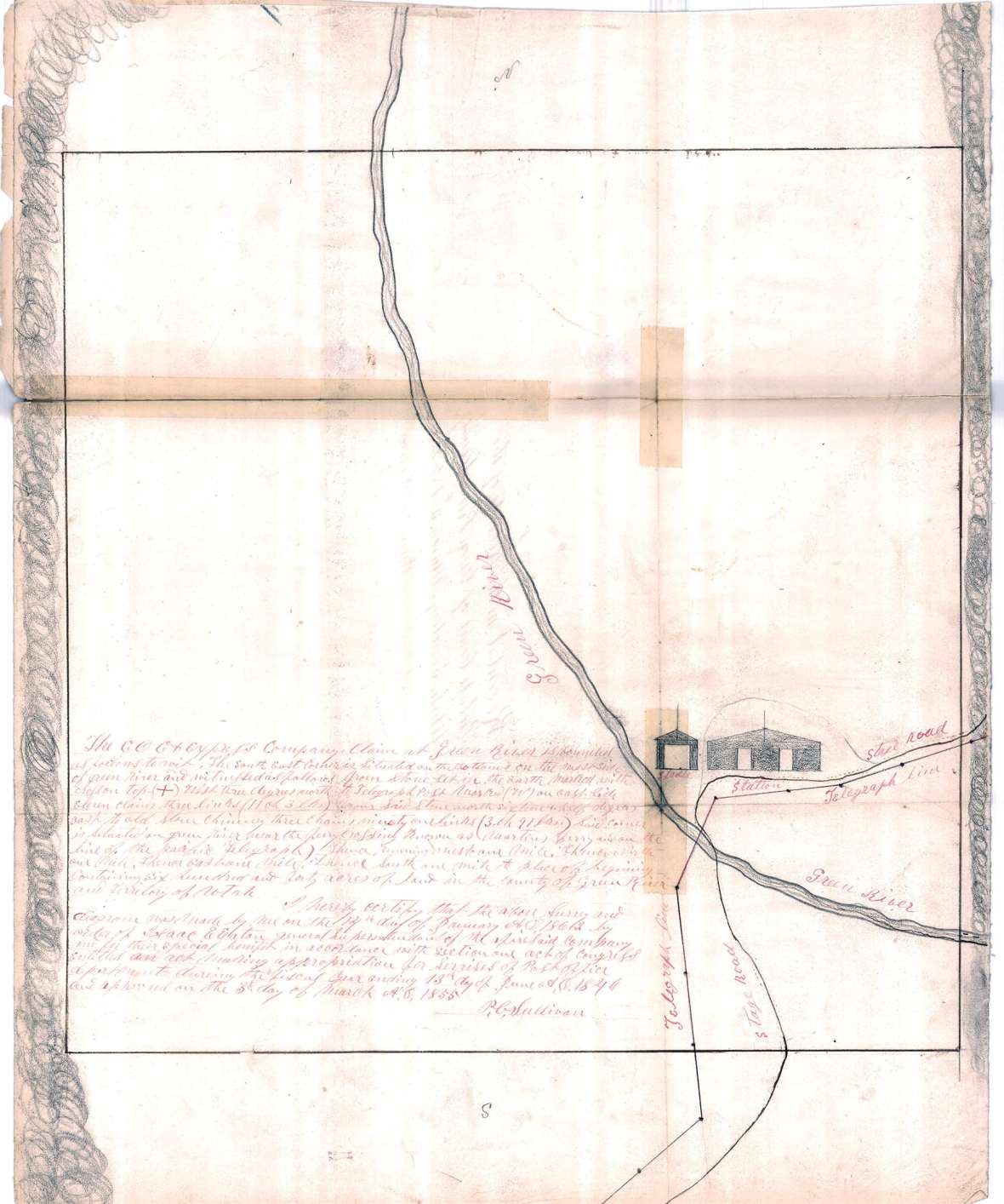 Shown here are notes and a sketch from an 1862 survey of the Central Overland California company’s claim to a square mile of land at Green River Station, prepared by a surveyor named Sullivan.  See “Illustrations” at the end of the article for a transcription of the survey notes and more on the source. Wyoming State Archives. Click to enlarge