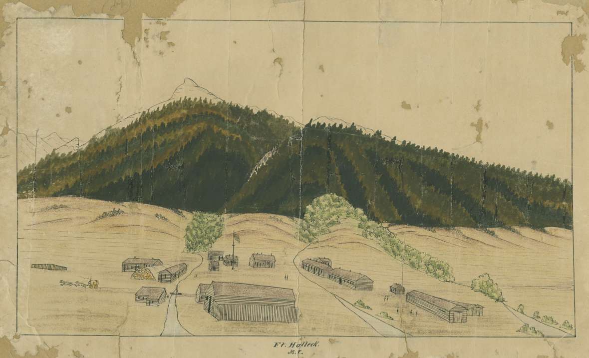 Fort Halleck, shown here in a drawing by Bugler C. Moellman of the 11th Ohio Volunteer Cavalry, lay on the Overland Trail at the north end of Elk Mountain. In 1865, two officers and 75 men were stationed here, tasked with protecting hundreds of miles of the trail. American Heritage Center.