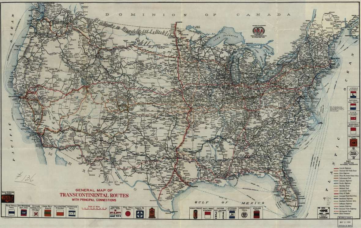 By 1918, an American Automobile Association map of transcontinental routes sported logos for two dozen named higways. Library of Congress. Click to enlarge