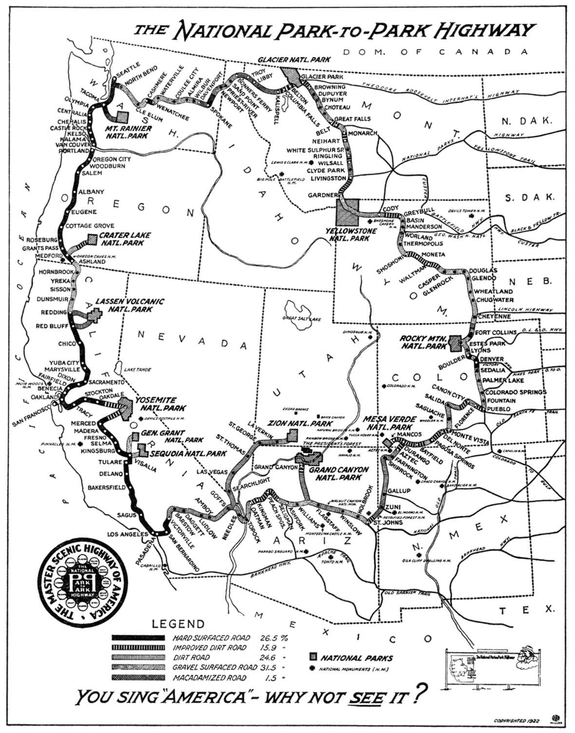 Departing Aug. 26, 1920, a party of twelve motorists formally inaugurated the National Park-to-Park Highway with a 76-day tour starting with the Denver-to-Yellowstone trek through Wyoming. This map was published in 1922. Amercianroads.us.