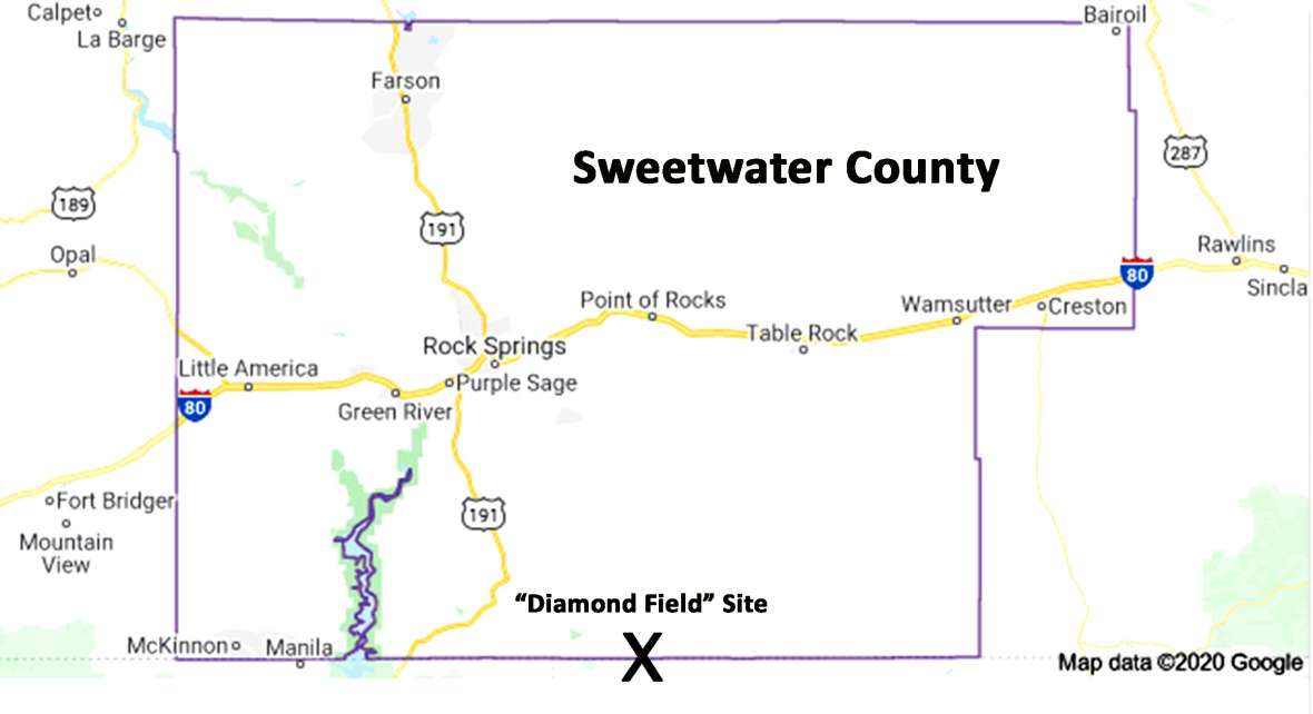 The so-called diamond field straddled the state line between Wyoming’s Sweetwater County and Colorado’s Moffat County. Map by author.