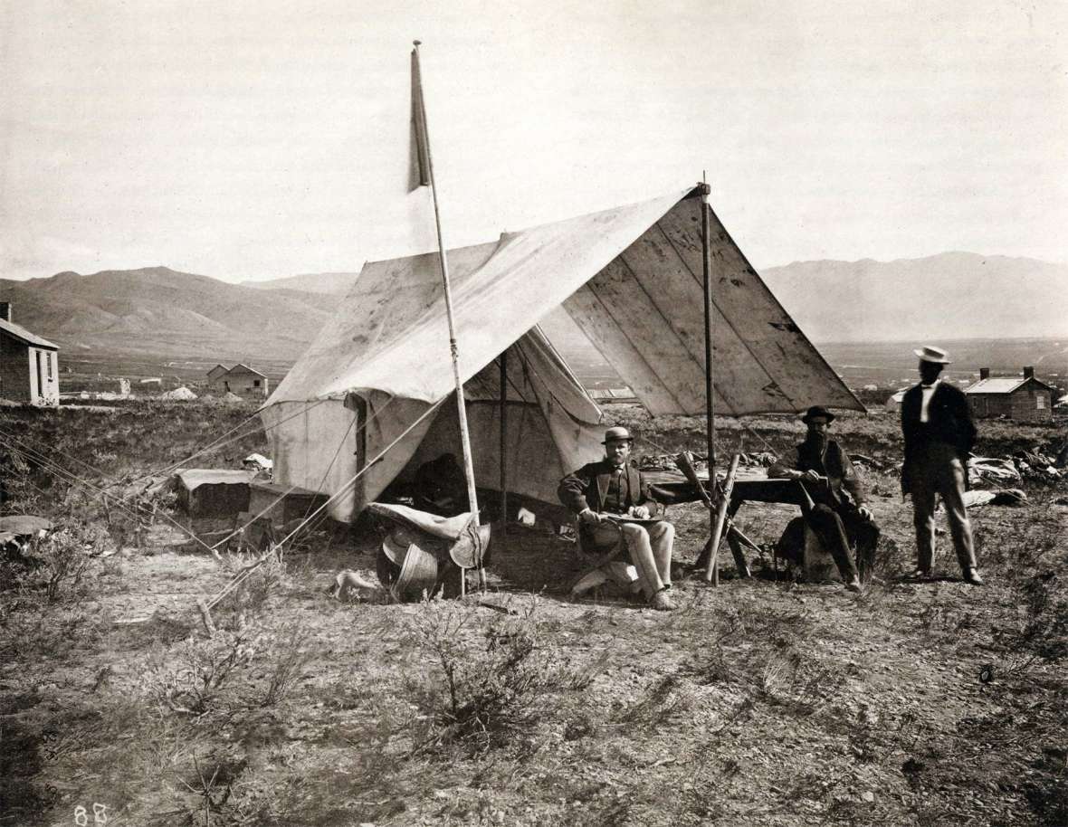 Geologist Clarence King, left, leader of the Survey of the 40th Parallel, in camp near Salt Lake City, 1868. In October 1872, King led some of his crew to the secret diamond fields to find out what was what. Wikipedia.