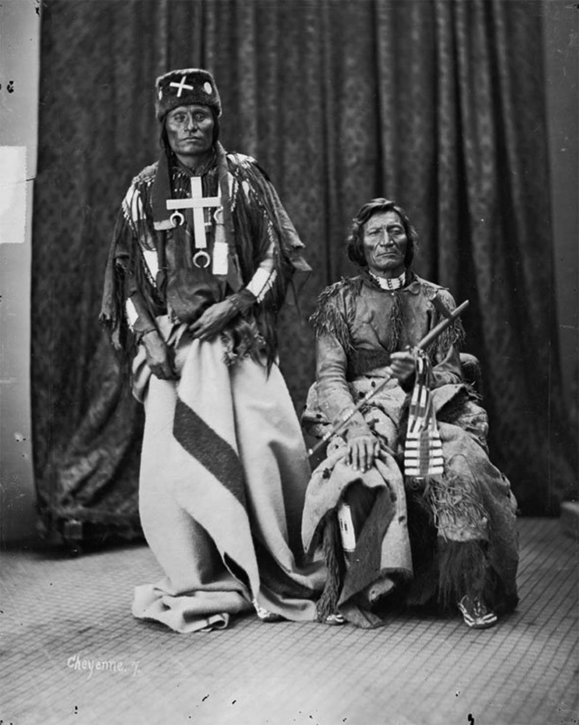 Little Wolf, left, and Dull Knife of the Northern Cheyenne. Late in 1876, the Army attacked and destroyed their village in the Bighorn Mountains. Their people surrendered in 1877, traveled to Oklahoma—and finally, after much strife, hunger and death, made their way back to their homeland in Montana. Firstpeople.us.