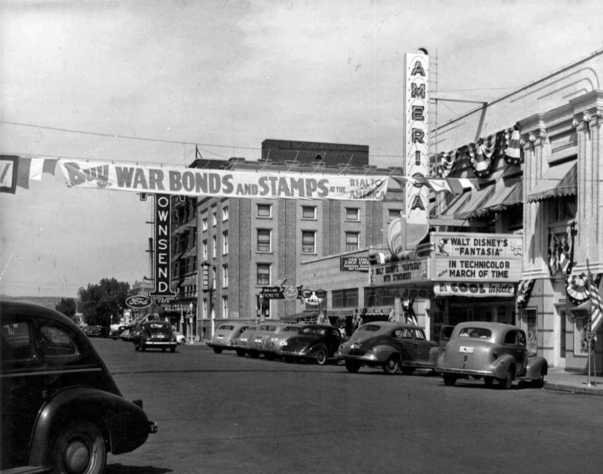 Patriotic moviegoers could buy war bonds at the Rialto and, shown here, America theaters in downtown Casper, Wyo. By February 1943, 25,000 workers in 303 Wyoming businesses were enrolled in bond-buying payroll plans. Casper College Western History Center.
