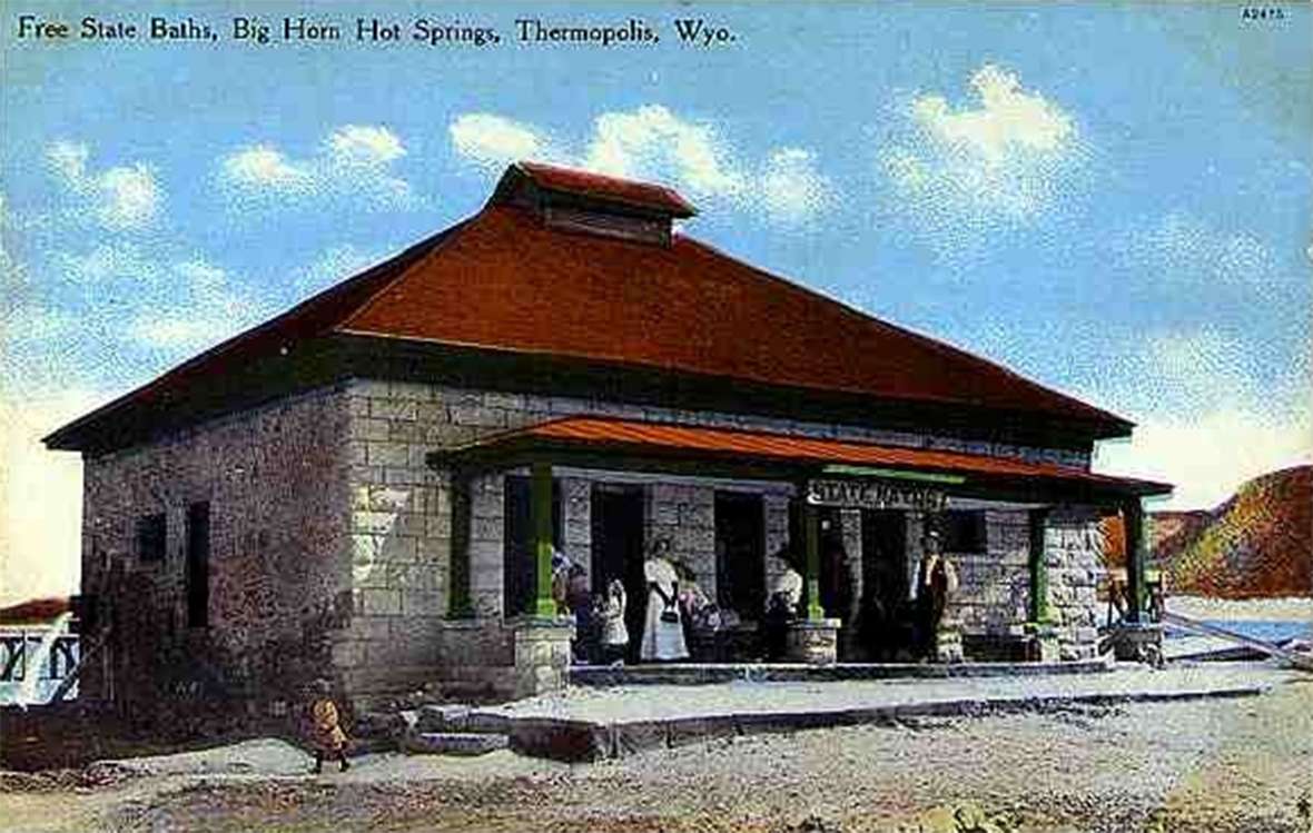 The State of Wyoming agreed that the public would always be allowed to bathe for free in the hot springs that formerly had belonged to the tribes. Shown here, the state bath house in 1912. Wyoming Tales and Trails.