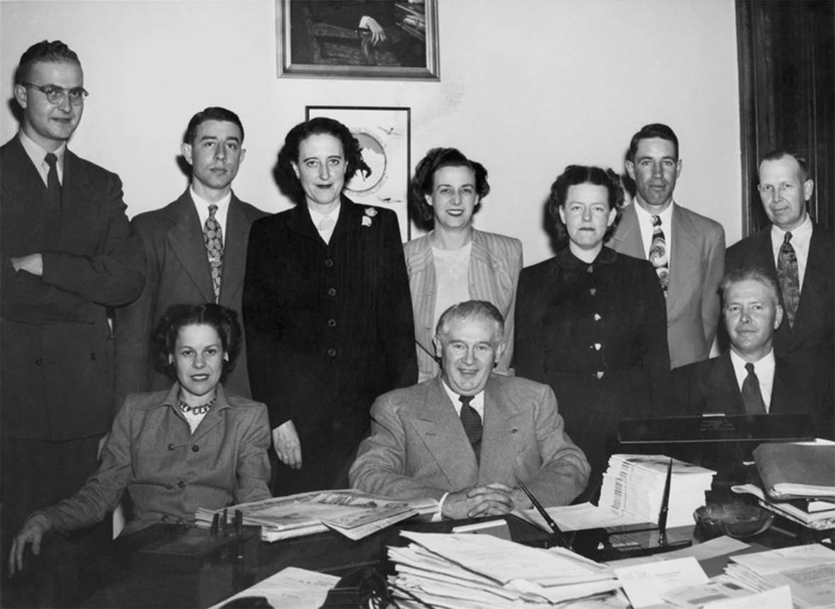 U.S. Senator Hunt around 1950 with his staff. Seated: left to right Gertrude Johnson, Hunt. Back row: Frank Bowron, Zan Lewis, Betty Phelan, Mary McGrath, Mildred Naylor, “Stub” Farlow, and Al Harris. The man seated at far right is unidentified. Wyoming State Archives.