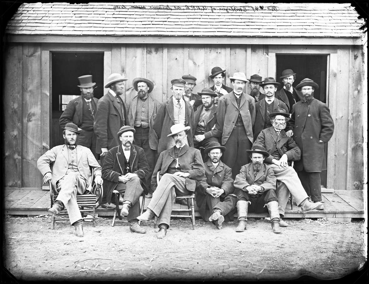 Union Pacific Railroad employees at Laramie, about 1868. These well-dressed men may well have been clerks and foremen. The white population as the railroad was built across the future Wyoming Territory was heavily male. Men like these, and their crews, made up most of the Index’s readership. A.J. Russell photo.