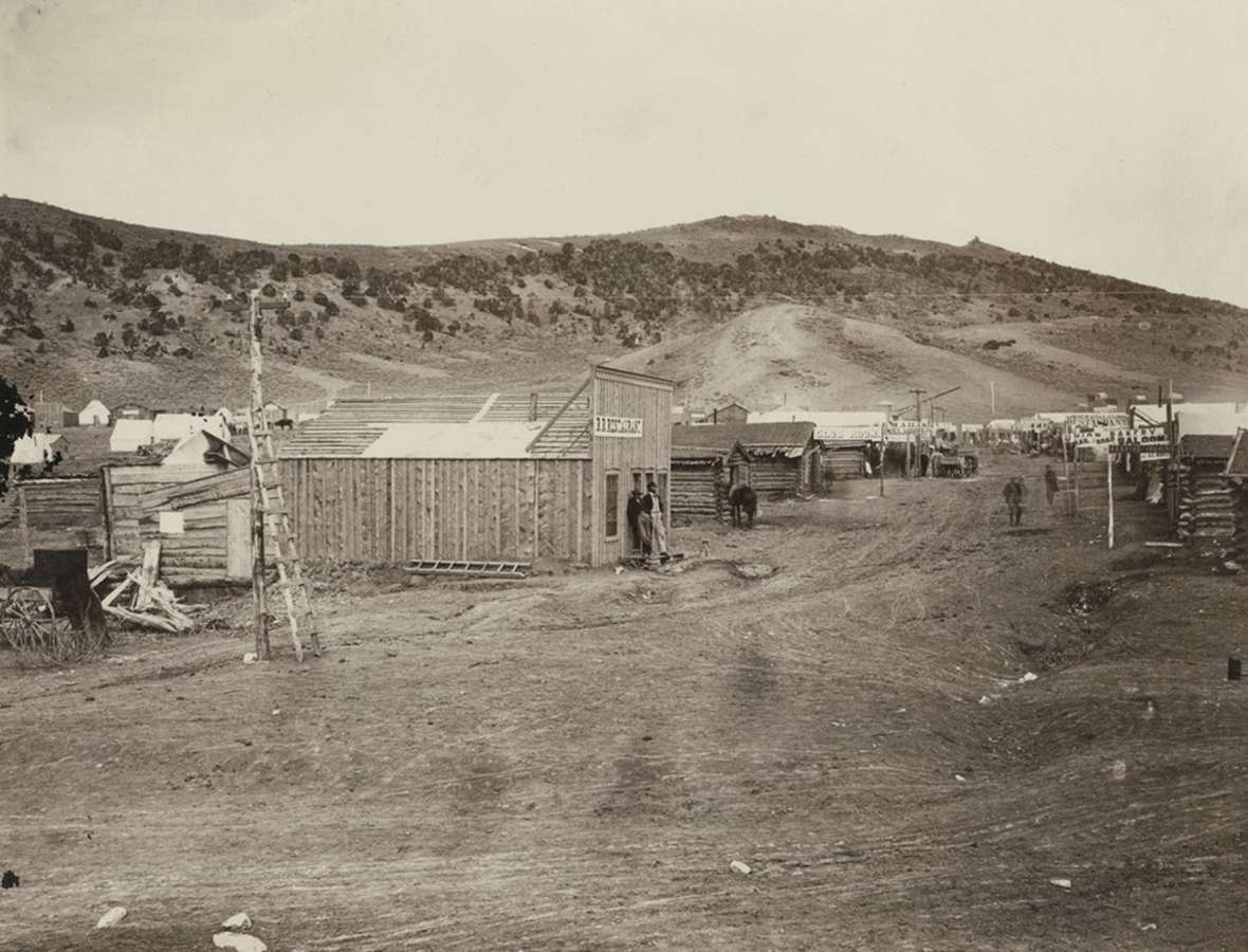 Bear River City,  where in November 1868 the Frontier Index, after praising a vigilante hanging, met its end when a mob of friends of the hanging's victims burned its office and smashed the press. A.J. Russell photo.