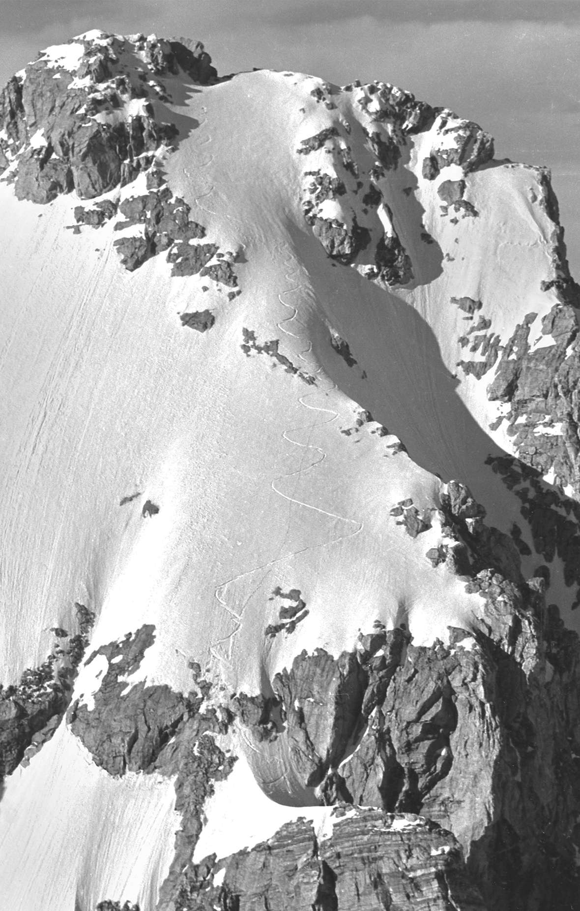 Bill Briggs' ski tracks down the Grand Teton, 1971. Virginia Huidekoper.