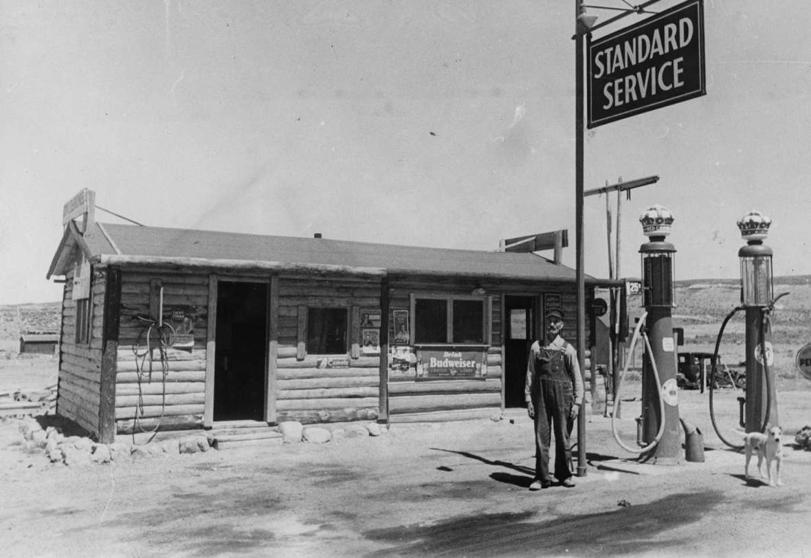 Andrew Anderson, at his service station at remote Coyote Springs between Hanna, Wyo. and Walcott on the Lincoln Highway/U.S. 30, perhaps in the 1930s. Courtesy Nancy Anderson.