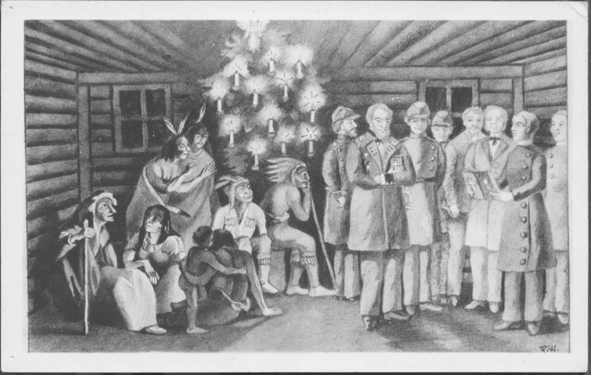 Missionary Moritz Braeuninger, second from right, reads the scriptures in the mission house on Deer Creek near present Glenrock, Wyo., Christmas 1859. Capt. William Raynolds, U.S. Topographical Engineers, stands with his arms crossed; his exploring expedition spent that winter nearby. Raynolds later described the missionaries as "God-fearing and devoted men, but . . . poorly fitted for the labors they had undertaken.” History Nebraska.