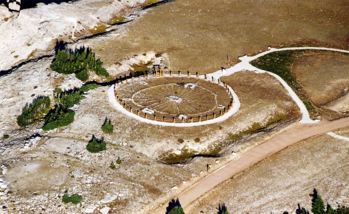 The Bighorn Medicine Wheel, 2011. The rock circle is about 80 feet in diameter, with 28 'spokes' radiating from a central cairn, five cairns around the rim and a sixth slightly outside the perimeter. US Forest Service photo.