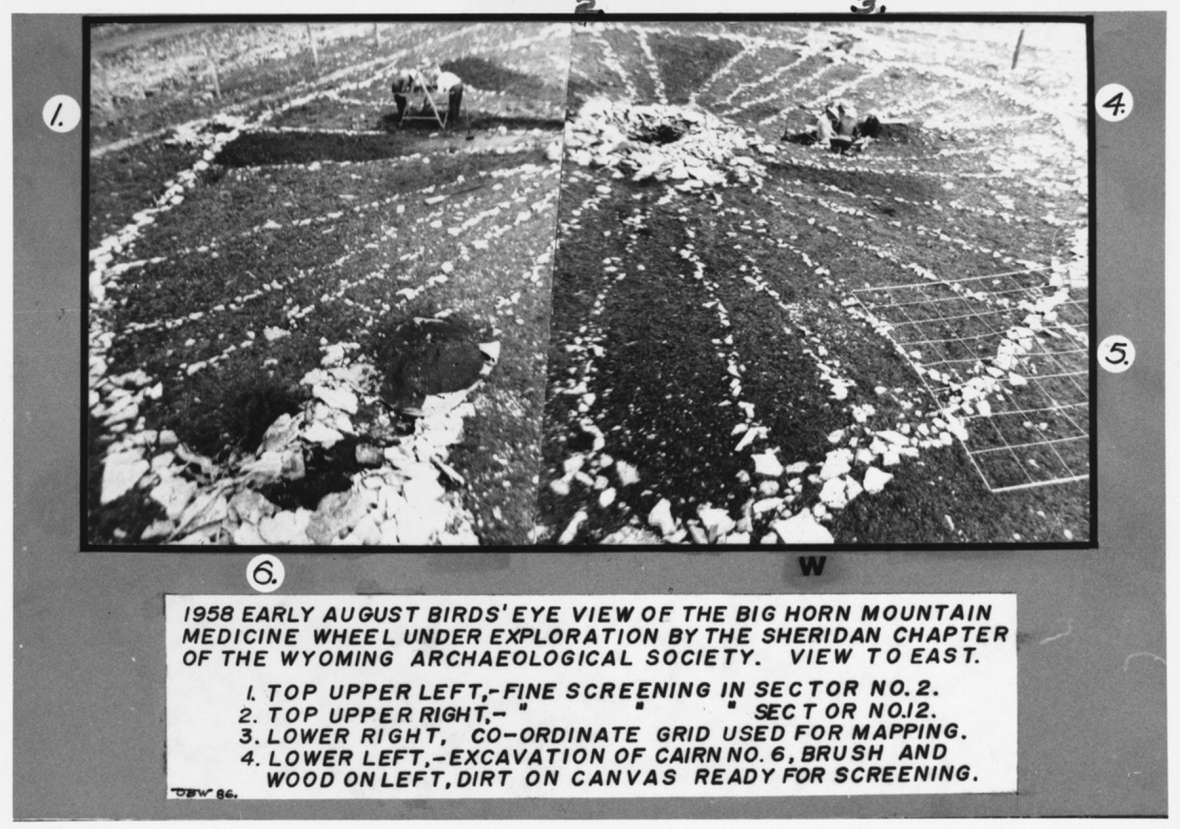 During excavations conducted in 1958 by the Sheridan Chapter of the Wyoming Archaeological Society, ceramic sherds associated with the Shoshone and Crow tribes were recovered from the eastern half of the Medicine Wheel. American Heritage Center.