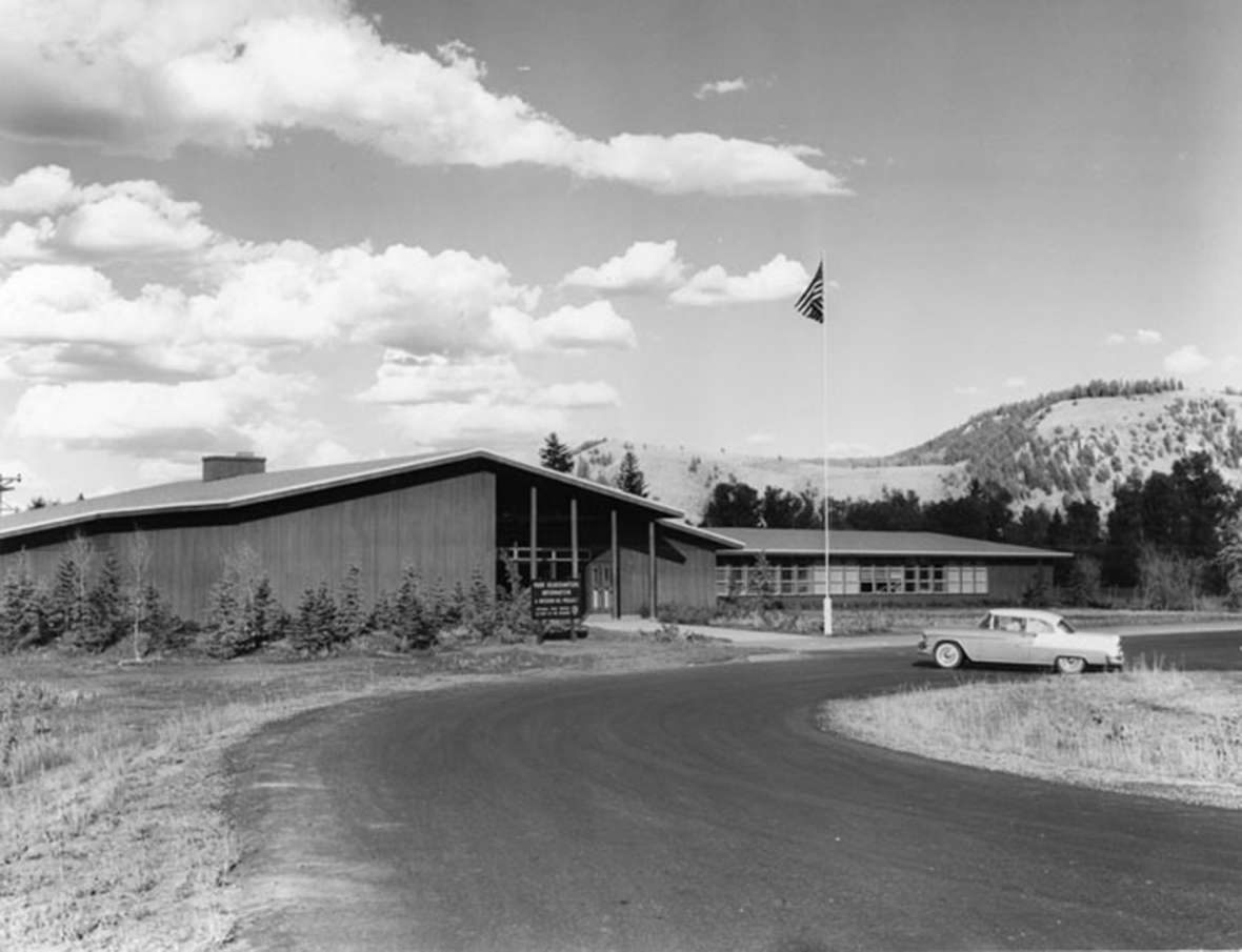 Mission 66 started in 1956, as the National Park Service began to expand and modernize its facilities nationwide. The 1958 visitor center, shown here, at Moose in Grand Teton National Park was among the earliest in the nation. In 2008, the Craig Thomas Visitor Center replaced it. National Park Service.