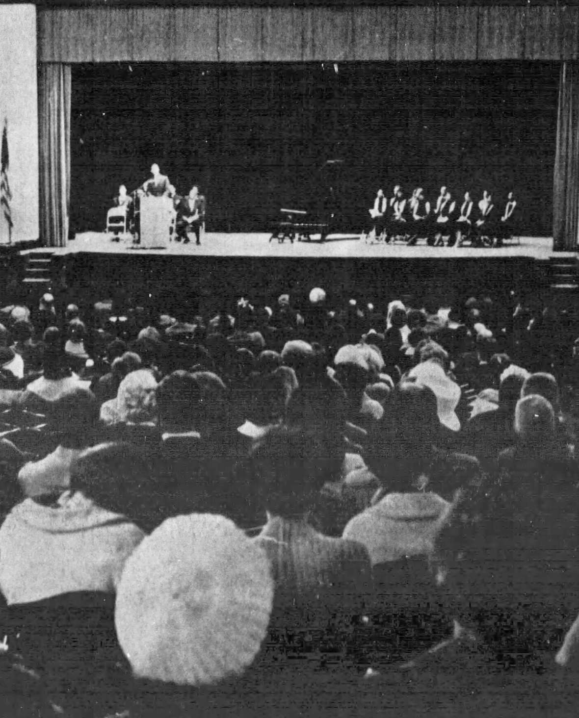 At a memorial for Martin Luther King, Jr. at Natrona County High School in Casper a few days after the killing, 750 people gathered to hear speeches from members of the Casper Interracial Council and singing from Barbara Banister and the Grace AME Church choir, right. Casper College Western History Center.