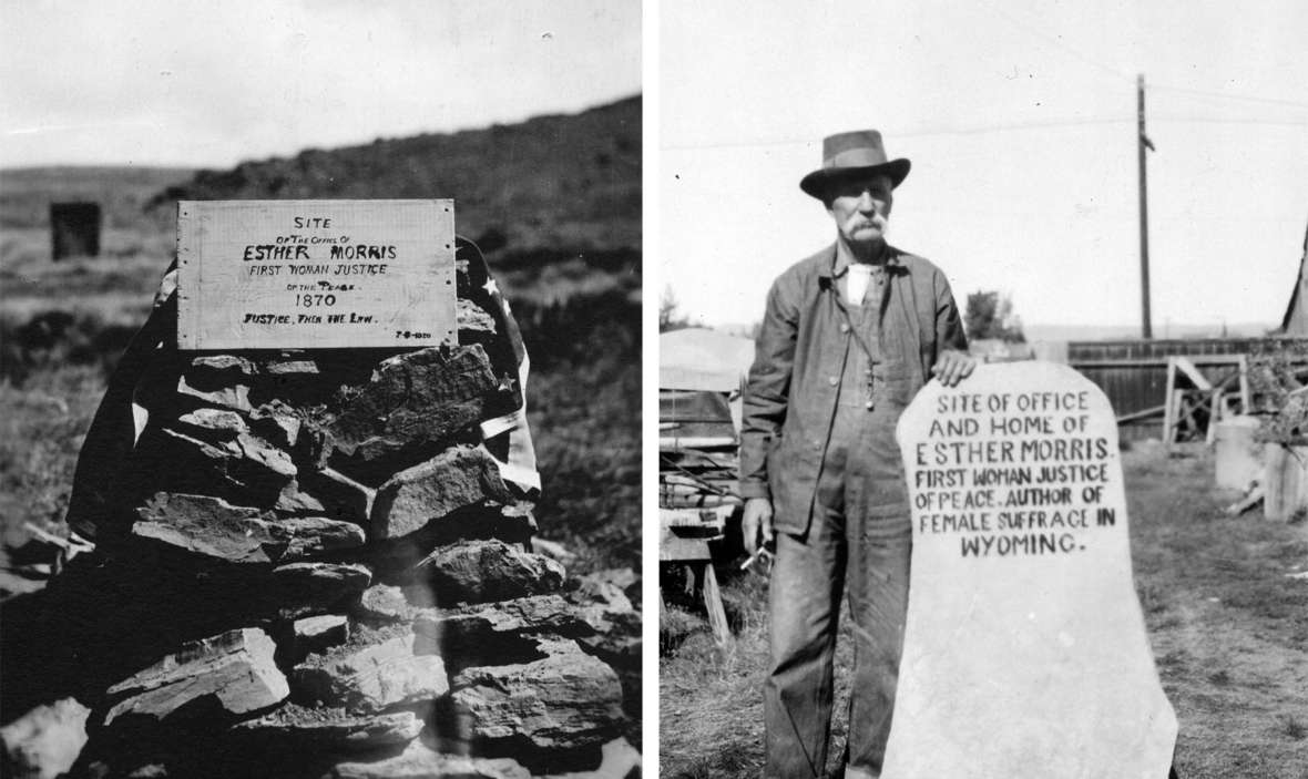 Herman Nickerson and Grace Raymond Hebard put up a marker in South Pass City in 1920 naming Esther Morris as the 'author of female suffrage in Wyoming.' An early version, left, and Nickerson, right, with a later version. American Heritage Center. 